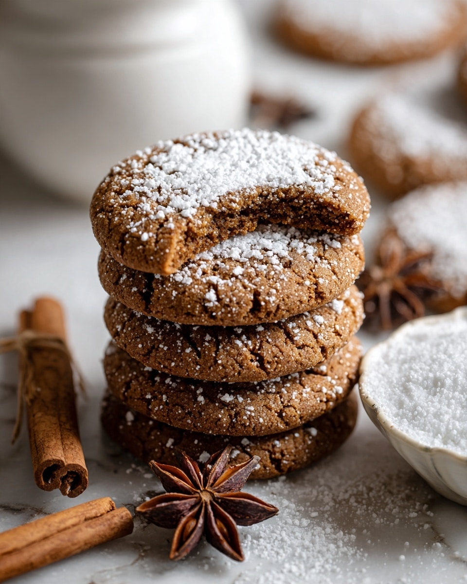 Four round cookies with a soft, slightly cracked texture are arranged closely on a white marbled surface. The cookies are golden brown with a light dusting of white powdered sugar on top. One cookie in the center is partially bitten, showing the soft inside. Near the cookies, a small round wooden bowl filled with white powdered sugar and several dark brown star anise pods is visible, along with two cinnamon sticks leaning against the bowl. Photo taken with an iphone --ar 4:5 --v 7