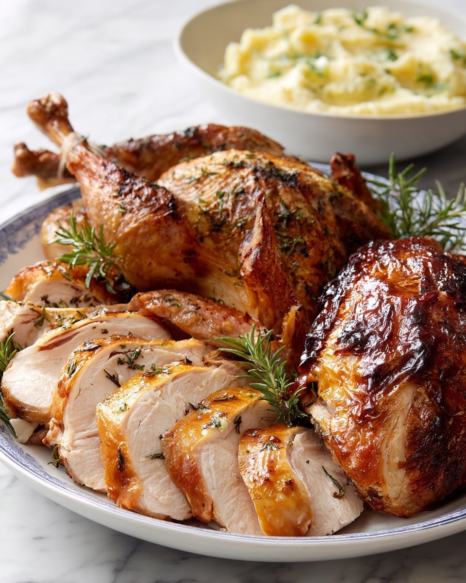 The dish shows a roasted turkey cut into three main parts on a white plate with blue accents: a large drumstick on the left with golden browned skin and small rosemary sprigs on top, a whole roasted turkey center with dark brown crispy skin, and thick turkey breast slices in the front with shiny golden skin, juicy white meat inside and small rosemary leaves scattered over. In the background, a white bowl with creamy mashed potatoes is partly visible. The setting has a white marbled texture surface. photo taken with an iphone --ar 4:5 --v 7