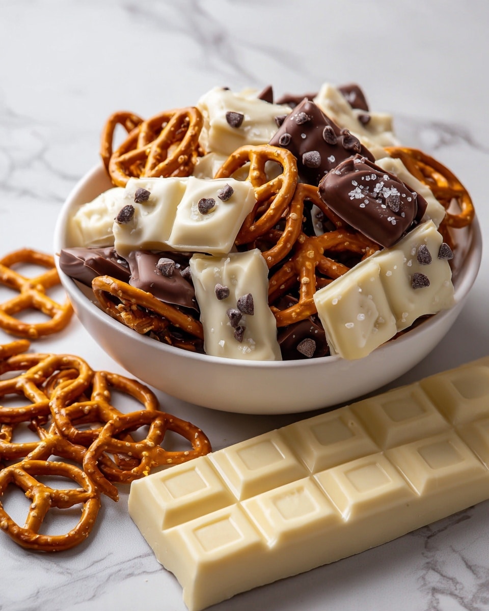 A white bowl filled with three types of pretzels mixed together: some are covered in dark chocolate topped with white flakes, some coated in white chocolate with small dark chocolate sprinkles, and some plain golden pretzels showing through. The pretzels are piled high, showing a mix of smooth chocolate coating and crunchy pretzel texture. In front of the bowl, a white chocolate bar is visible with its creamy texture and segmented sections. The whole scene sits on a white marbled surface, with more chocolate-covered pretzels blurred softly in the background. photo taken with an iphone --ar 4:5 --v 7