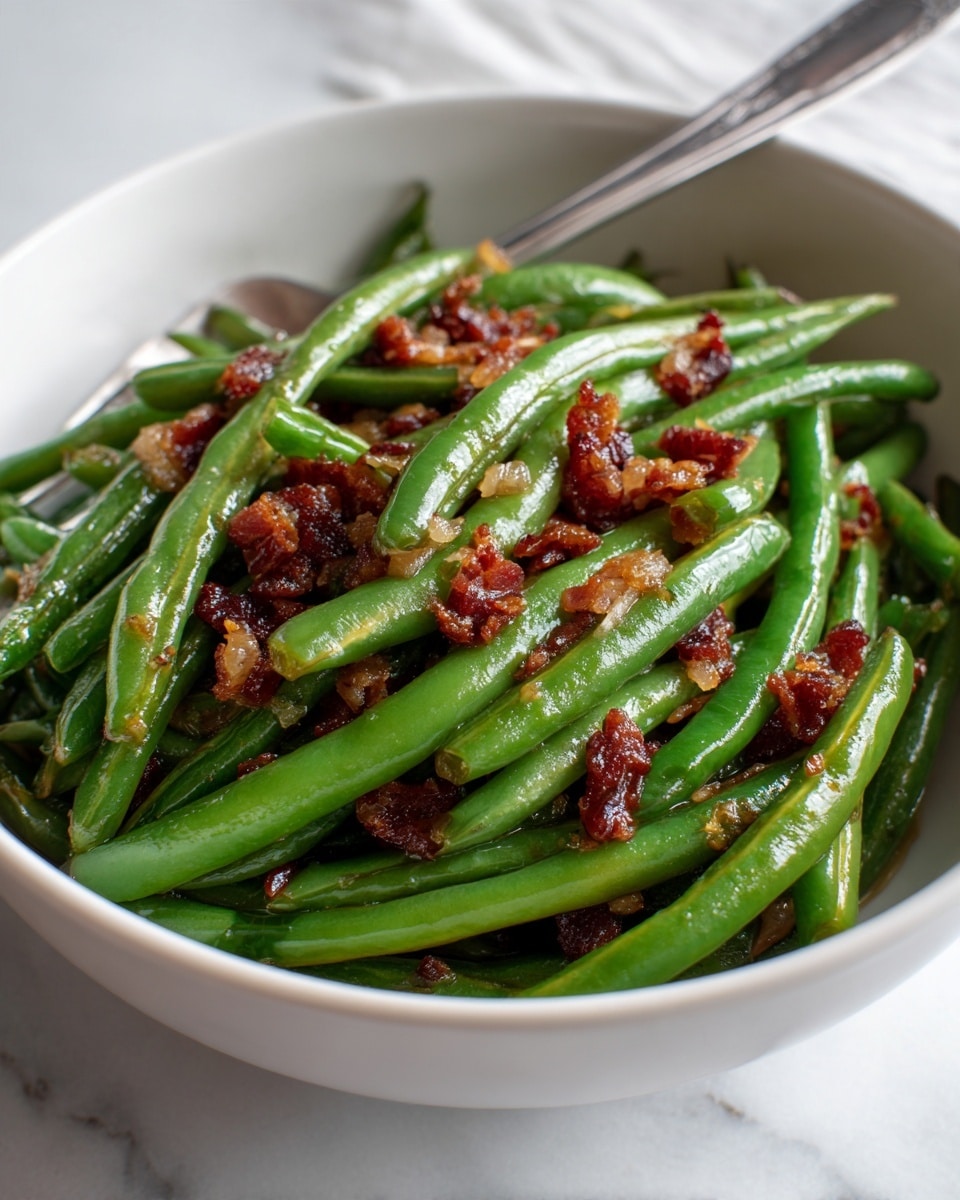 A close-up image of a white bowl filled with cooked green beans mixed with small pieces of cooked bacon, creating a contrast between the bright green and pinkish-brown colors. The green beans are long and evenly spread throughout the bowl, while the bacon bits are scattered on top and among the beans, showing a slightly crispy texture. The bowl sits on a white marbled surface, with part of another dish blurred in the background. Photo taken with an iphone --ar 4:5 --v 7