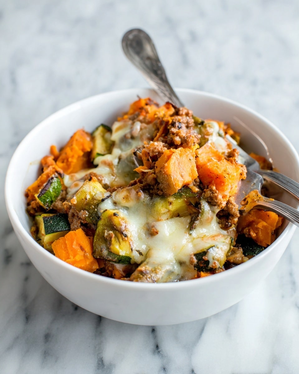 The image shows a close-up of a white bowl filled with a cooked dish made of three layers. The top layer is melted cheese, light golden and slightly bubbly. Below that, there are small pieces of browned ground meat mixed with soft orange chunks of sweet potato and green pieces of zucchini. The ingredients look tender and moist, with small bits of herbs and seasoning visible throughout. A woman's hand is holding a fork that is slightly digging into the food. The bowl rests on a white marbled surface. Photo taken with an iphone --ar 4:5 --v 7