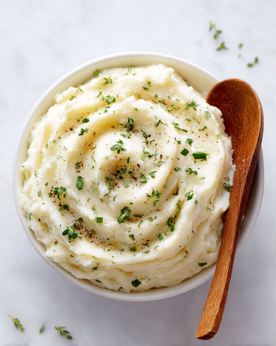 The image shows a white bowl filled with creamy mashed potatoes, swirled smoothly with soft peaks and small specks of green herbs sprinkled on top. A wooden spoon lies on the right side inside the bowl, partially resting on the mashed potatoes, adding a natural texture contrast. The bowl sits on a white marbled surface. Photo taken with an iphone --ar 4:5 --v 7