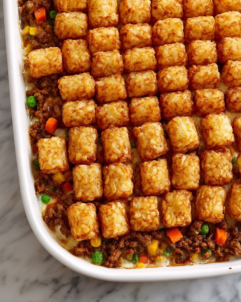 A white rectangular baking dish filled with a casserole featuring a bottom layer of mixed vegetables and ground meat in a creamy sauce, showing colors like orange, green, and brown. On top, there are neatly arranged golden brown, crispy tater tots placed in rows, forming a textured and crunchy upper layer. The tater tots have a slightly rough surface with a toasted look, and the dish is set on a white marbled surface. photo taken with an iphone --ar 4:5 --v 7