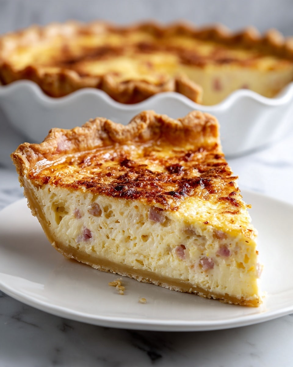 A single slice of quiche is placed on a simple white round plate, showing a golden-brown crust with a slightly crimped edge. The quiche filling is creamy, pale yellow with small bits of pinkish ham or bacon spread evenly inside. The top layer is browned and slightly crispy, adding texture contrast to the soft filling. Behind the plate, the remaining quiche is visible in a white fluted pie dish resting on a white marbled surface. The scene is softly lit to highlight the warm golden colors of the quiche crust and filling. photo taken with an iphone --ar 4:5 --v 7
