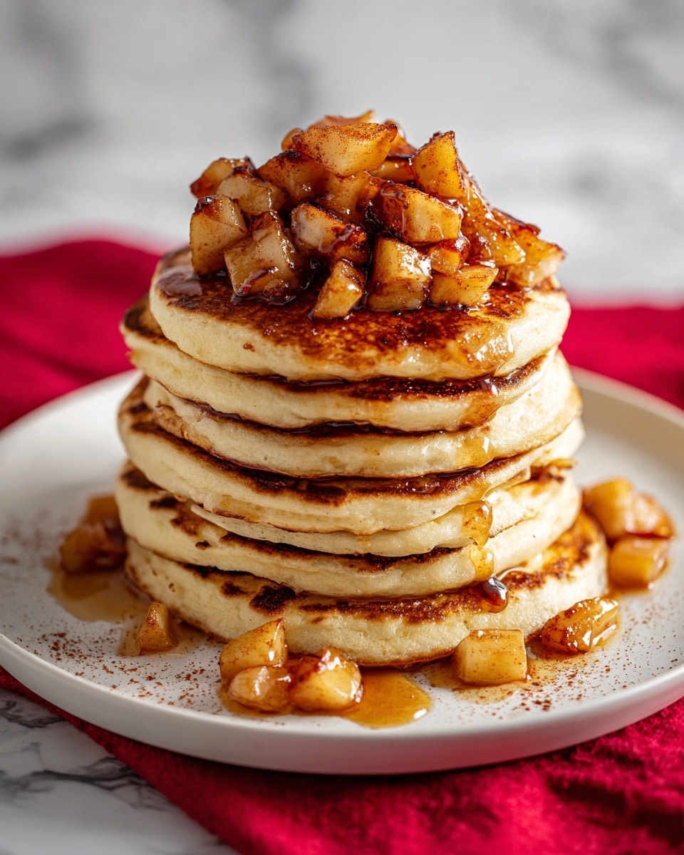 A stack of five thick, golden-brown pancakes sits on a white plate, each layer fluffy and slightly uneven, showing a soft texture. On top, a generous pile of small, cubed cooked apples coated in a shiny, cinnamon syrup covers the pancakes, some spilling over to the plate. The syrup glistens and adds a sticky glaze around the base of the pancakes. The background shows a blurred second stack of pancakes with similar topping, placed on a white marbled surface, along with a dark red cloth and cinnamon sticks near the plate. photo taken with an iphone --ar 4:5 --v 7