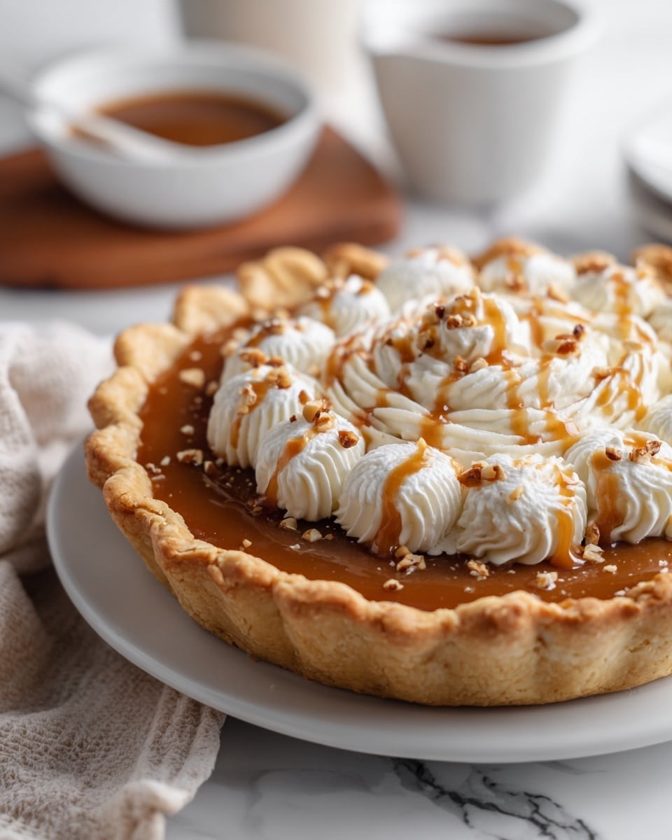A golden brown crust with a fluted edge forms the base layer of this pie, filling the white plate. Inside the crust is a smooth, caramel-colored filling that glistens under the light. Resting on the filling is a thick layer of fluffy white whipped cream, piped in concentric circles from the outer edge to the center, creating a flower-like pattern. The whipped cream is drizzled with a rich caramel sauce, and sprinkled evenly with small, light brown nut pieces. To the side is a small white bowl filled with more caramel sauce on a wooden board. The background is a white marbled surface partly covered by a beige cloth. Photo taken with an iphone --ar 4:5 --v 7