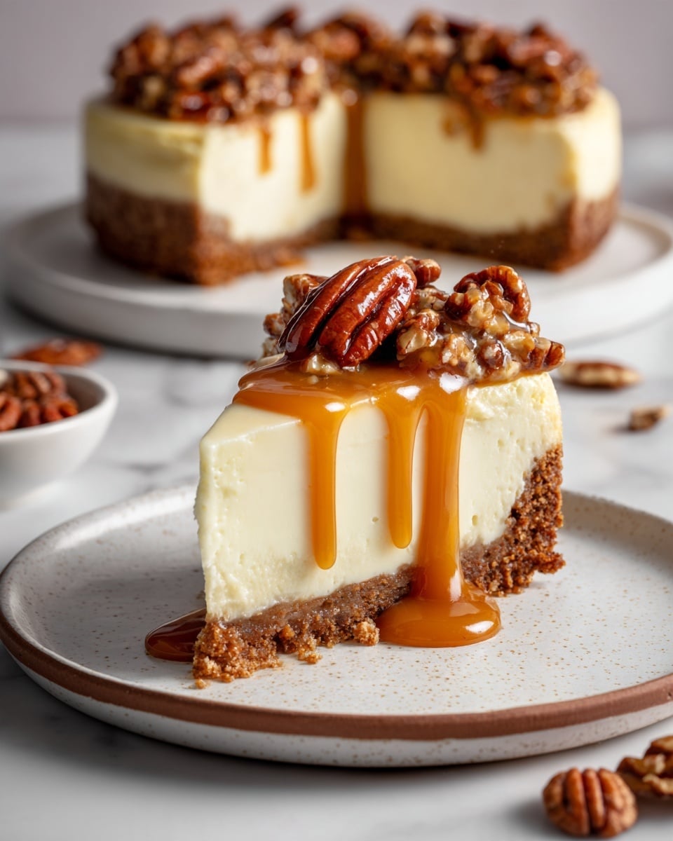 The image shows a thick slice of cheesecake on a white plate with a slightly speckled finish and a thin brown rim. The cheesecake has three clear layers: a crumbly brown crust at the bottom, a thick and creamy pale yellow middle layer that is smooth in texture, and a top layer of whole pecans covered in a shiny, sticky caramel sauce that drips down the side of the slice. In the background, there is another larger piece of cheesecake on a similar white plate, placed on a white marbled surface, with a few pecans scattered nearby. The lighting highlights the glossy caramel and the creamy texture of the cheesecake. photo taken with an iphone --ar 4:5 --v 7