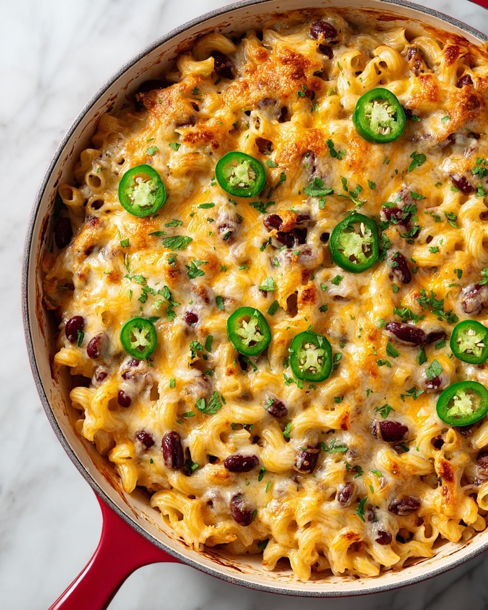 The image shows a close-up of a white round dish filled with baked macaroni and cheese mixed with browned beans or ground meat, topped with melted golden and white cheese layers that are bubbling and slightly browned in spots. Sliced fresh green jalapeño peppers with seeds are scattered across the top, adding a bright green contrast to the warm yellow and orange tones of the pasta and cheese. The dish rests on a white marbled surface, and the edge of the red dish is visible, framing the creamy, cheesy pasta inside. photo taken with an iphone --ar 4:5 --v 7