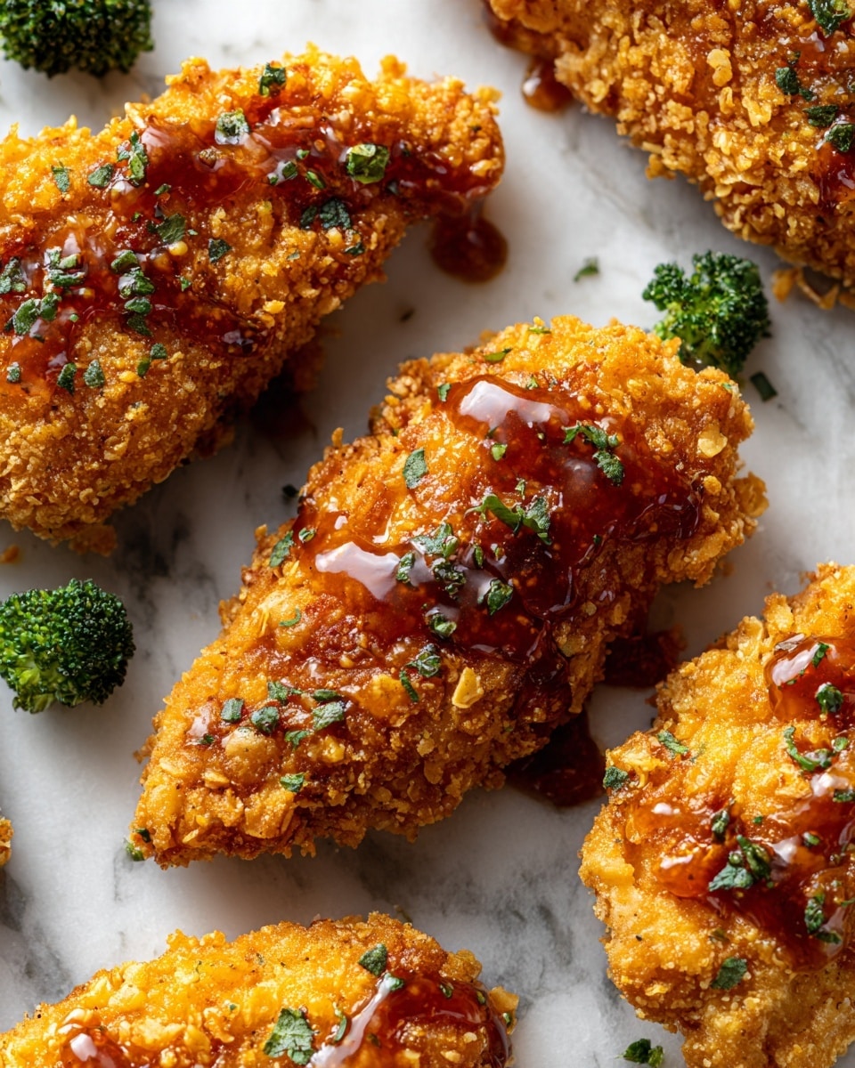 The image shows pieces of crispy fried chicken with a thick, golden-brown crumb coating that looks crunchy and textured with some small green herb bits sprinkled on top. Each piece is coated evenly and glistens with a light, shiny sauce drizzled over the surface. The chicken pieces are placed closely together on a metal tray, which is set on a white marbled surface. There is also some cooked broccoli with a deep green color visible on the right side of the tray. The overall look is warm, crunchy, and appetizing. photo taken with an iphone --ar 4:5 --v 7
