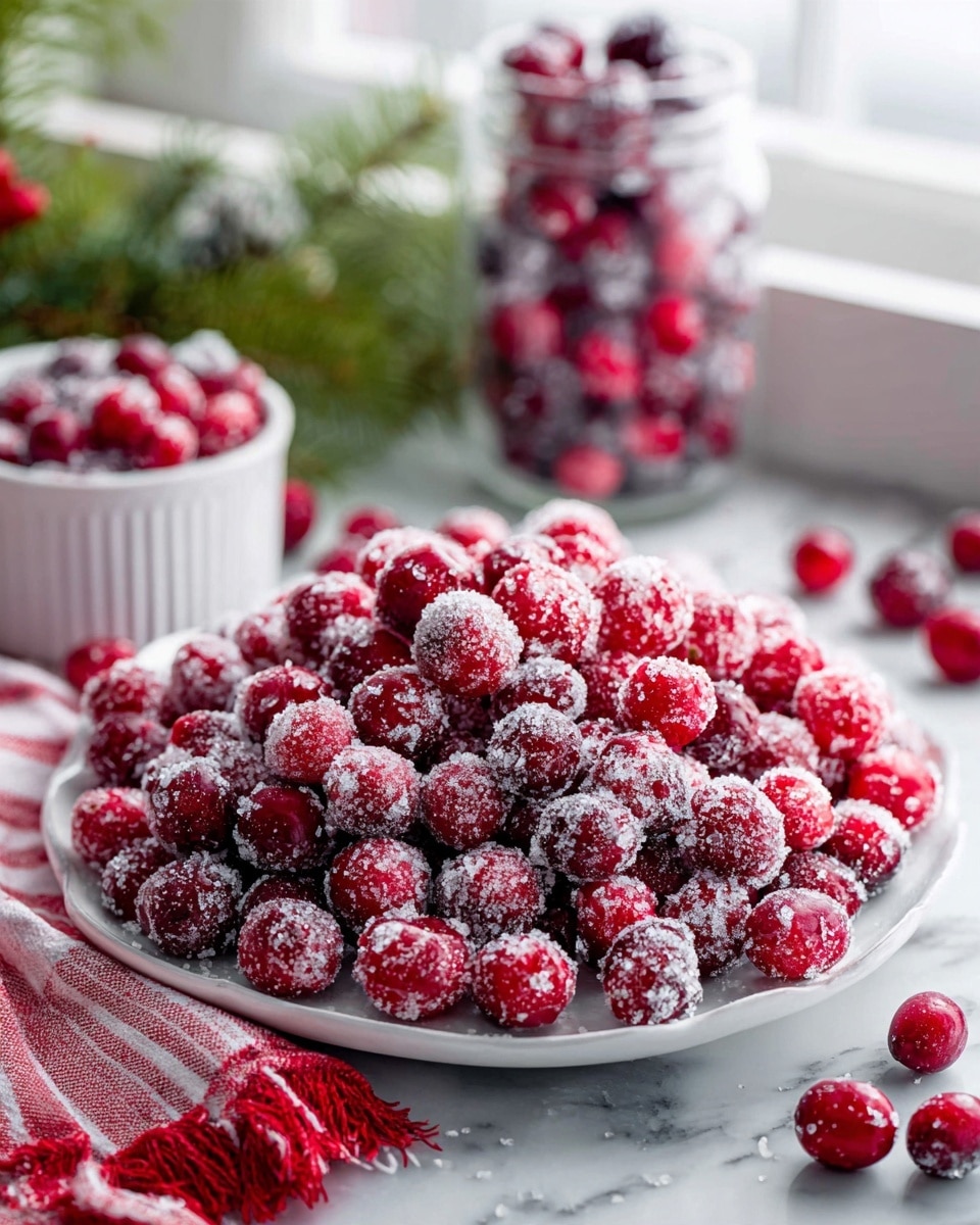 A white plate is full of bright red cranberries covered in a layer of white sugar crystals, making them look frosty. The cranberries fill the plate in a mound with smooth, round shapes and a shiny texture under the sugar coating. The plate sits on a white marbled surface with a small white bowl of fresh cranberries, a glass jar full of cranberries, a red cloth with white stripes, and a green plant in a white pot in the background near a window. photo taken with an iphone --ar 4:5 --v 7
