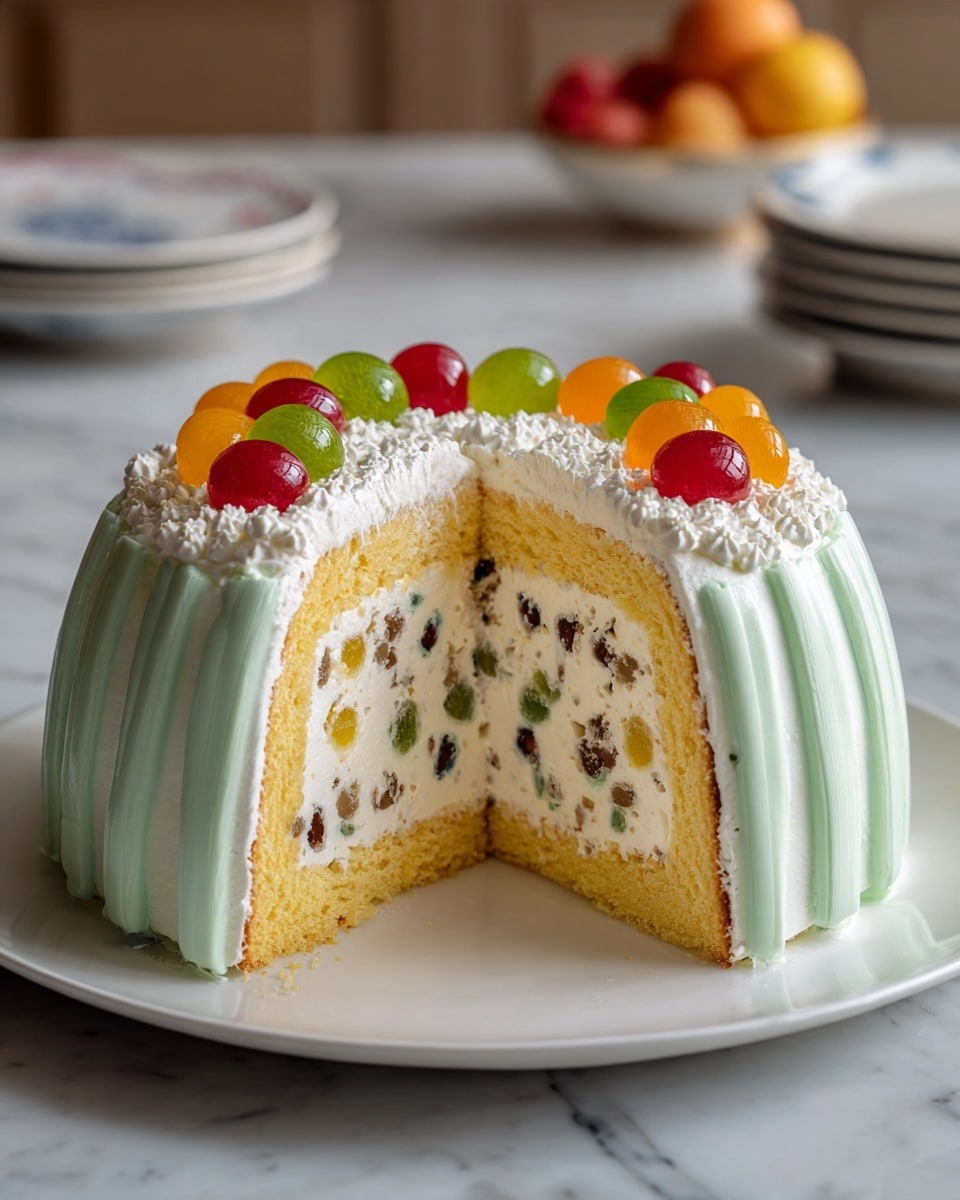 This dessert is a dome-shaped layered cake on a white plate. The outer layer consists of alternating vertical strips of pale yellow sponge cake and light green frosting. The top is coated with smooth white frosting and decorated with red cherries, green grapes, and slices of orange and yellow fruit arranged in a circle near the edge. Inside, the cake has two layers of pale yellow sponge with a creamy white filling dotted with small dark chocolate pieces. The cake is placed on a white marbled surface in a bright kitchen setting. Photo taken with an iphone --ar 4:5 --v 7