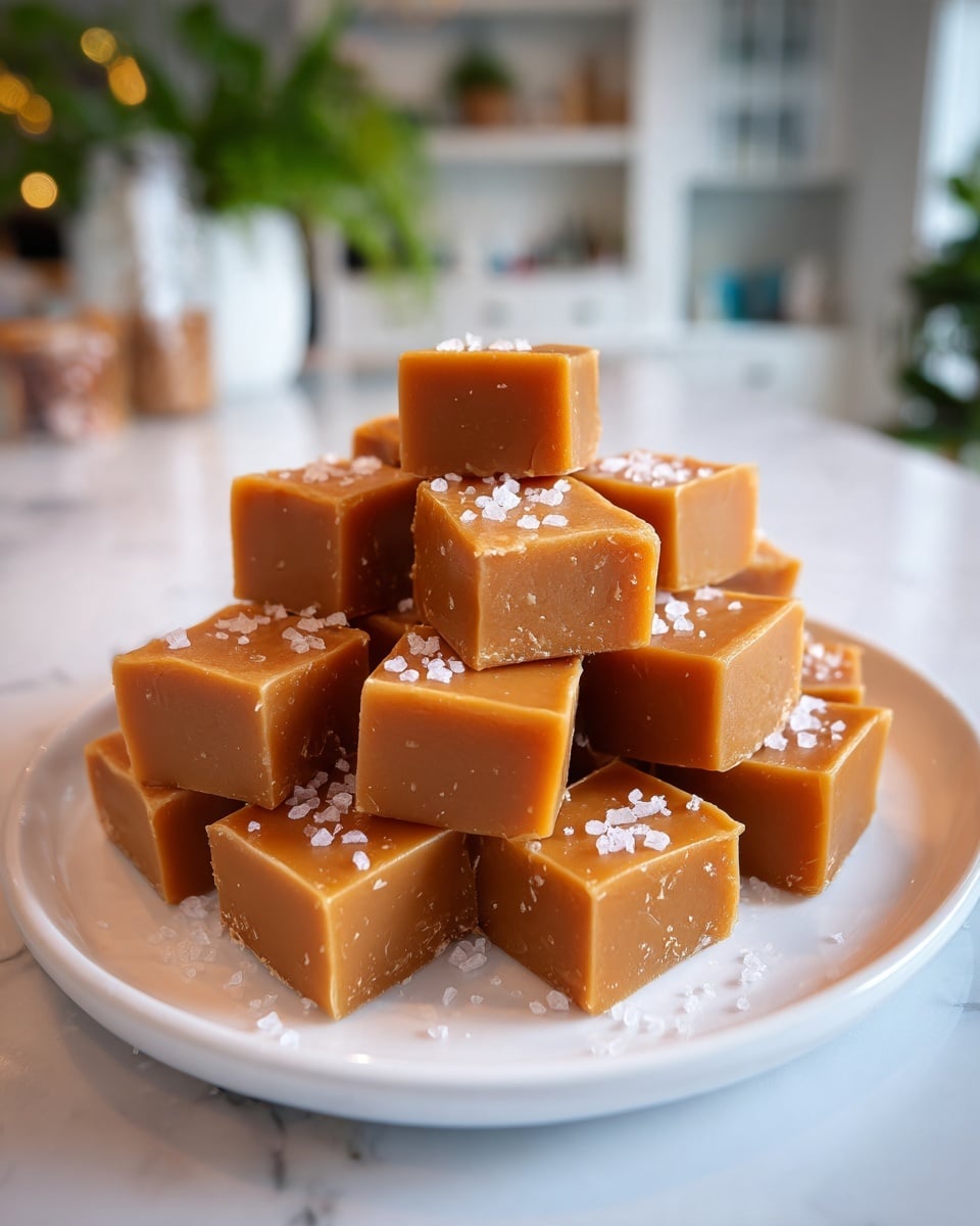 A white plate is filled with a pile of square caramel fudge pieces, each one smooth and shiny with a rich golden brown color. The fudge pieces are stacked in a low pyramid shape, with a few pieces showing their soft, slightly textured sides. Each piece is topped with a small sprinkle of coarse sea salt crystals, adding contrast with their white, slightly rough appearance. The plate sits on a white marbled surface, and the background is softly blurred with hints of white kitchen furniture and green plants. photo taken with an iphone --ar 4:5 --v 7