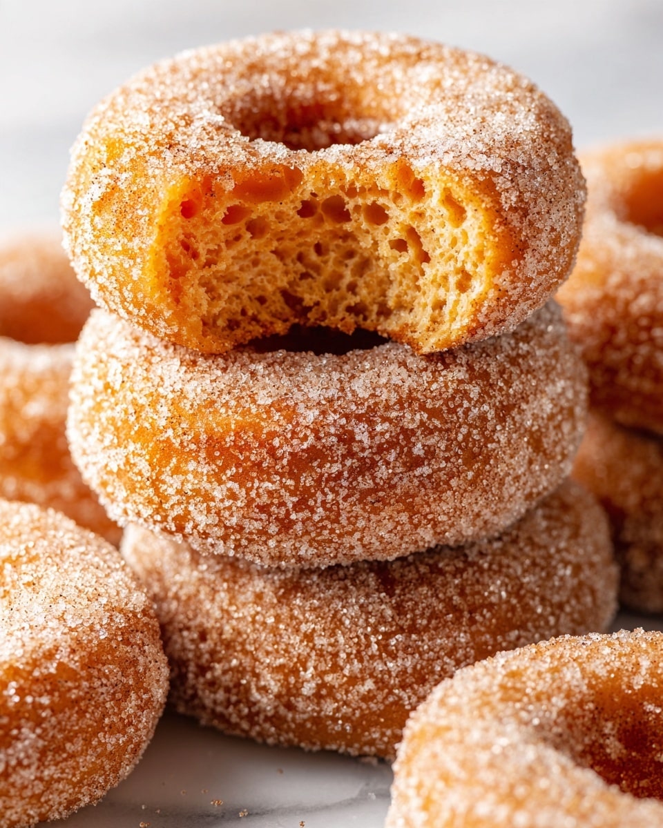A close-up view of a stack of cinnamon sugar donuts with a rough texture from the sugar crystals covering their golden-brown surfaces; one donut is bitten, showing a soft, moist, and slightly crumbly orange-brown inside with a central hole, all resting on a white marbled surface. photo taken with an iphone --ar 4:5 --v 7