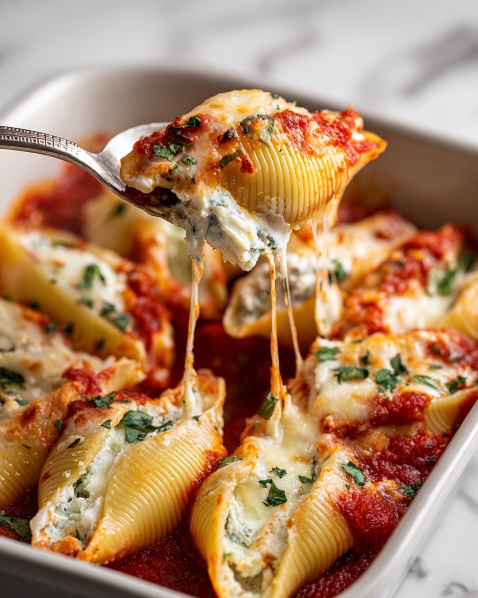 A close-up view of large pasta shells filled with creamy ricotta cheese, layered with rich red tomato sauce, and topped with melted, bubbly white mozzarella cheese lightly browned in spots. The shells are arranged tightly in a baking dish, covered with more tomato sauce and cheese, and sprinkled with fresh green parsley pieces for color. One shell is being lifted with a metal spoon, showing melted cheese stretching softly from the dish. The background is a white marbled texture. photo taken with an iphone --ar 4:5 --v 7