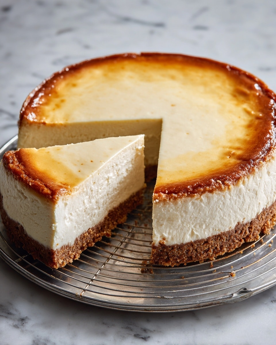 A creamy cheesecake with three visible layers is shown on a round wire rack. The bottom layer is a thick, crumbly brown crust that holds the shape firmly. Above this is a thick, smooth, pale cream layer that looks dense and soft. The top layer is a golden-brown, slightly shiny baked surface that appears firm and slightly cracked in places. One slice is removed, revealing the clean, smooth edges of each layer. The background is a white marbled texture. photo taken with an iphone --ar 4:5 --v 7