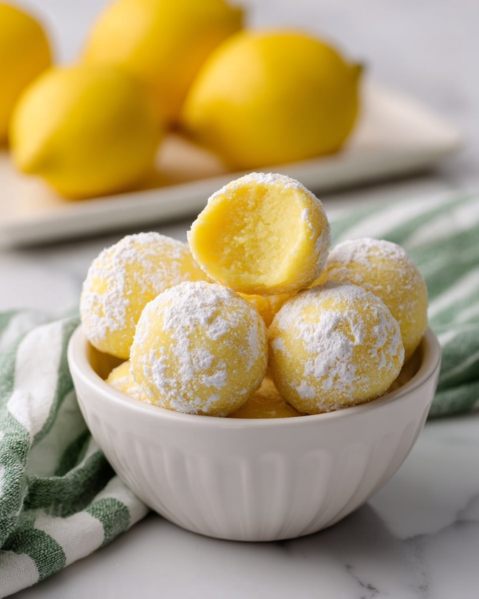 A small white bowl filled with round lemon yellow balls coated in a dusting of white powder, one ball on top is cut open showing a soft, smooth, bright yellow inside with a slightly chewy texture; in the blurred background, whole bright yellow lemons rest on a white rectangular plate on a white marbled surface, with a green and white striped cloth partially visible beneath the bowl and plate, overall soft natural lighting photo taken with an iphone --ar 4:5 --v 7