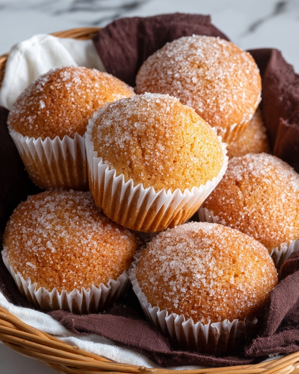 The image shows a close-up of several sugar-coated muffins stacked together inside a white basket lined with a dark brown cloth. Each muffin has a golden brown top covered in a fine layer of granulated sugar, giving them a slightly sparkling look. The muffins are wrapped in plain white paper liners that show the soft texture of their sides. The overall scene has a warm and cozy feel with the rich brown cloth contrasting against the golden muffins and the white basket. The background is a white marbled texture. photo taken with an iphone --ar 4:5 --v 7