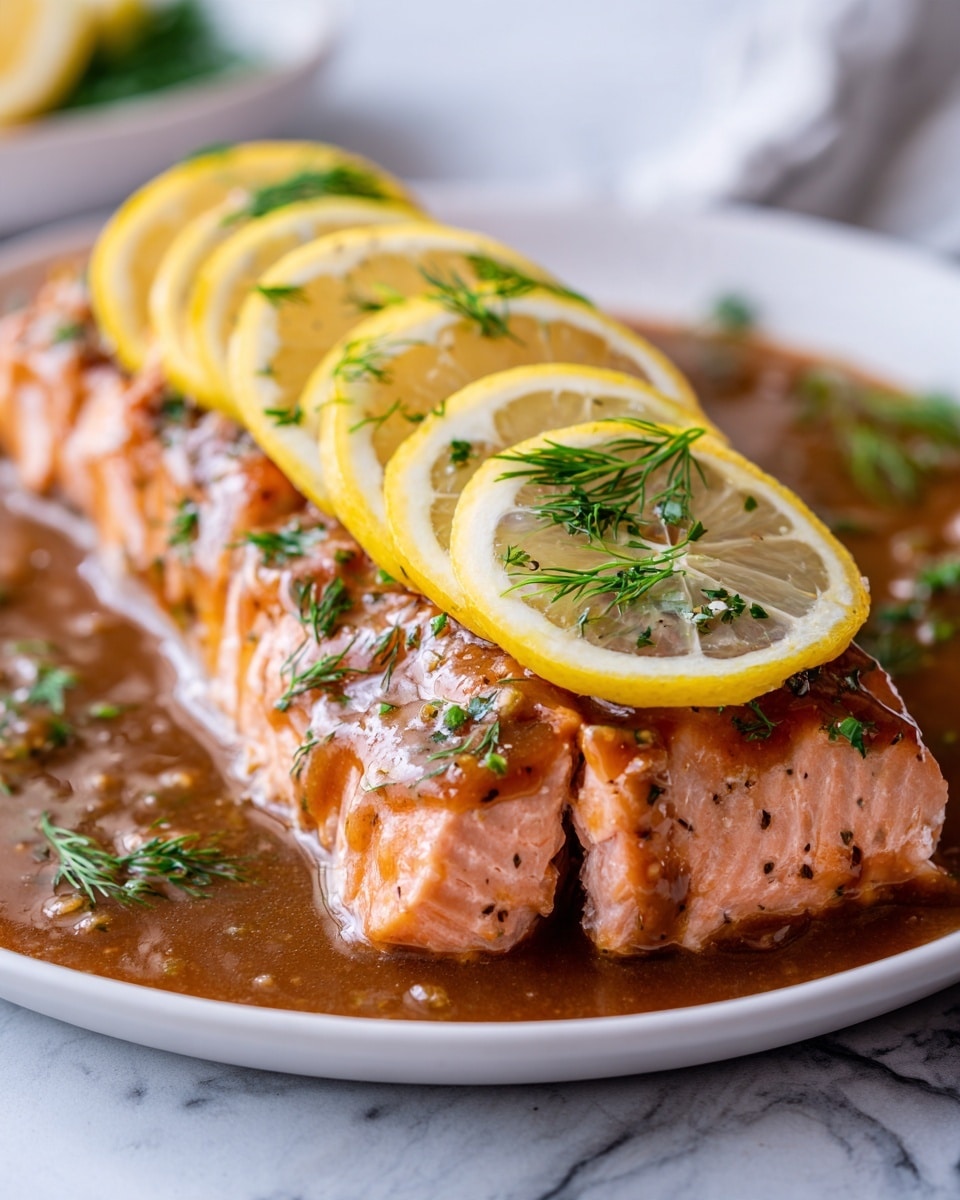A close-up of a cooked salmon fillet with visible flakes, topped with thin slices of lemon and small sprigs of fresh dill. The salmon is glazed with a shiny, brown sauce that pools slightly on the white plate beneath. The texture of the fish looks soft and juicy, with a pinkish-orange color. The white plate sits on a white marbled surface in soft natural light. Photo taken with an iphone --ar 4:5 --v 7