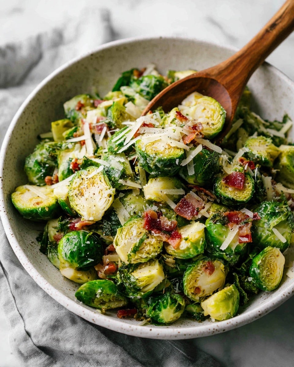 A white speckled bowl filled with cut Brussels sprouts that are bright green with some light charring, mixed with small pieces of crispy red bacon and shaved pale yellow cheese scattered on top. A wooden spoon is placed inside the bowl with a woman's hand holding it, lifting some of the mix. The bowl sits on a soft gray cloth over a white marbled surface. The image looks bright and fresh, showing the mix of textures from crunchy to soft. photo taken with an iphone --ar 4:5 --v 7