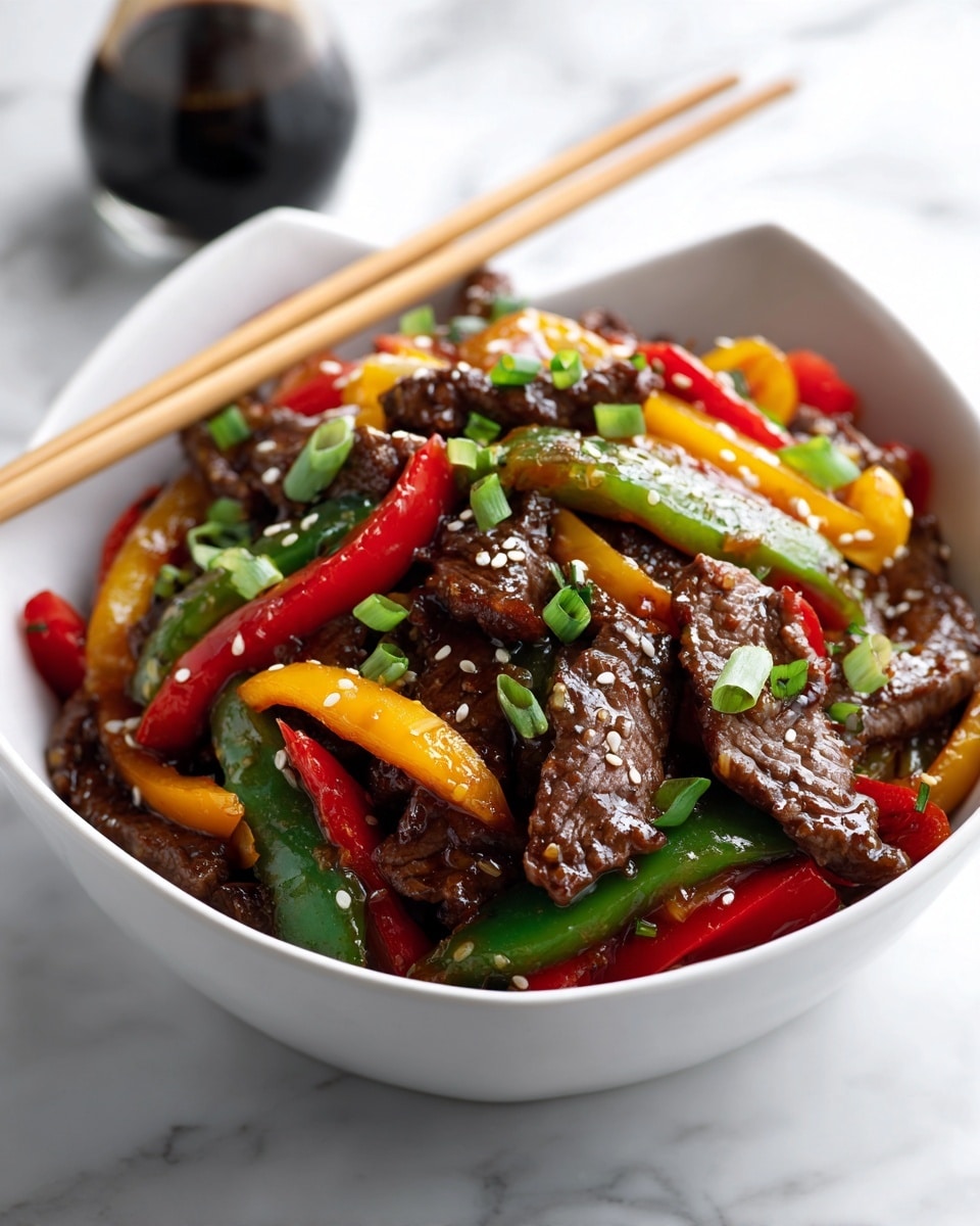The image shows a white bowl filled with stir-fried beef and colorful bell peppers. The dish has tender, dark brown beef slices mixed with long strips of red, yellow, and green peppers. The beef and peppers are coated in a shiny dark sauce that looks thick and savory. Small pieces of chopped green onions and white sesame seeds are sprinkled on top, adding texture and contrast. A pair of wooden chopsticks rest across the bowl's edge. The bowl sits on a white marbled surface, with a blurry bottle in the background. Photo taken with an iphone --ar 4:5 --v 7