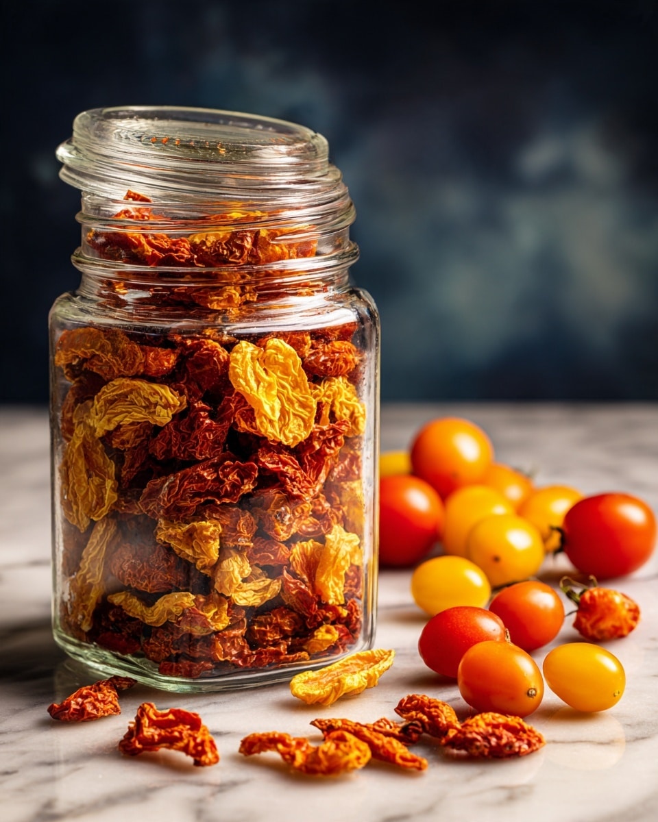 A clear glass jar filled with multiple layers of dried tomatoes. The tomatoes have deep red and golden yellow colors, some pieces are slightly curled with a textured surface. The jar is open, with its glass lid placed near it on a smooth white marbled surface. Around the jar, there are some fresh tomatoes in red, yellow, and orange colors, adding contrast to the dried ones inside the jar. The background is dark, making the colors of the tomatoes and jar stand out. photo taken with an iphone --ar 4:5 --v 7