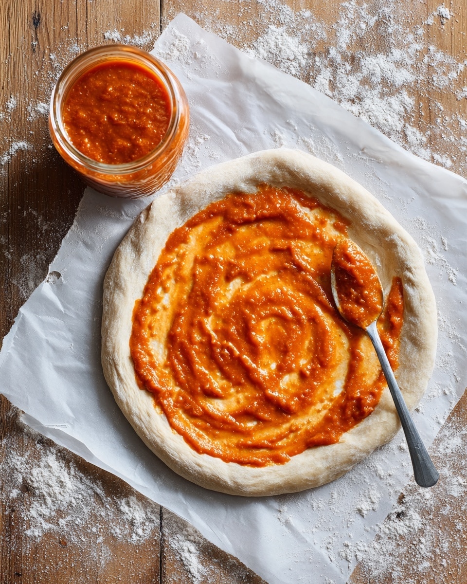 A round pizza dough is placed on white parchment paper over a wooden board dusted with flour, showing a soft, pale beige texture with a slightly raised edge; on top of the dough, a thick, uneven layer of orange-red sauce with black pepper flakes is being spread in a spiral pattern using a metal spoon with more sauce in a glass jar just to the left, all set on a white marbled surface. photo taken with an iphone --ar 4:5 --v 7
