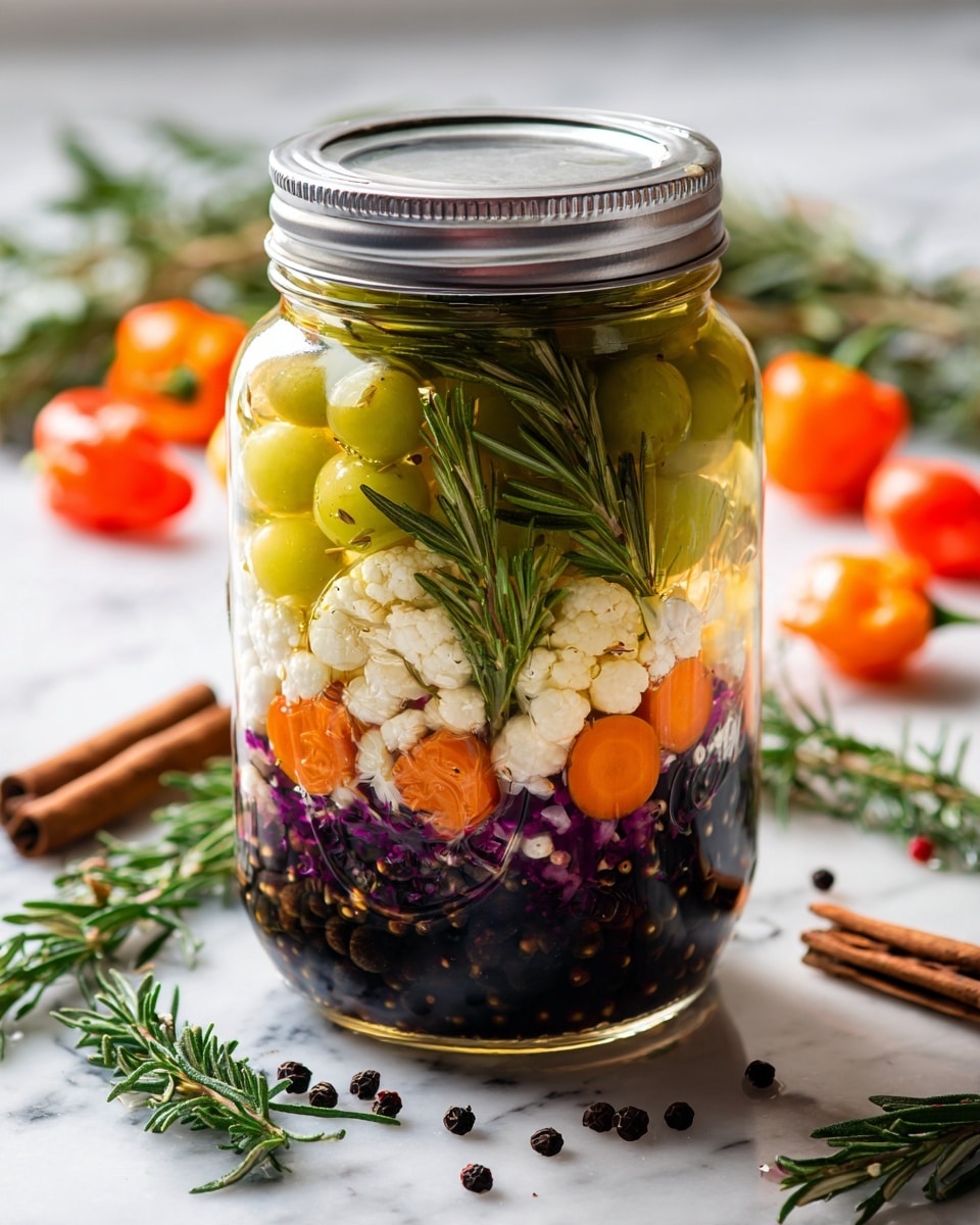 A clear glass jar with a silver lid filled with several layers of colorful pickled vegetables sits on a white marbled surface. The bottom layer is dark with small black items, followed by a chunky yellow layer of cubed vegetables. Above that are slices of purple cranberries in a ring near the middle, surrounded by light yellow cubes and bright orange carrot slices. A sprig of green rosemary and some white garlic pieces are immersed within the liquid that fills the jar. Around the jar are whole orange habanero peppers, fresh green rosemary sprigs, a cinnamon stick, fresh turmeric roots, and small glass bowls containing red dried cranberries and an orange liquid with pulp. The background is a smooth brown wooden texture. photo taken with an iphone --ar 4:5 --v 7