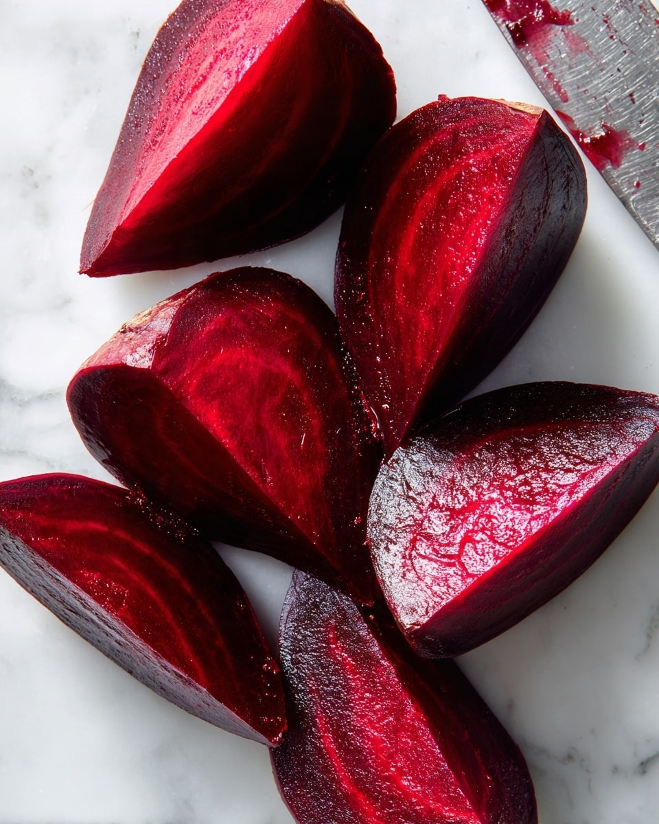The image shows bright red beetroot pieces freshly cut on a white marbled surface, with a knife visible on the top right corner stained with beet juice. The beetroot is cut into rough chunk shapes with some pieces thicker and others thinner, showing smooth textures and moist surfaces that reflect light. The cutting edges vary from rounded to sharp, and the vibrant red stands out strongly against the pale background. Photo taken with an iphone --ar 4:5 --v 7