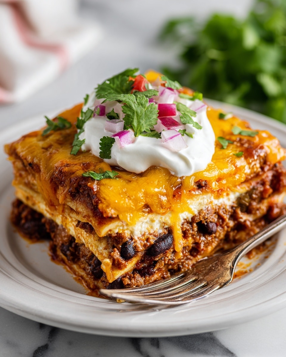 A close-up of a slice of lasagna on a white plate, placed on a white marbled surface. The lasagna has four visible layers: the bottom layer is rich with a thick meat and bean sauce in dark brown and black colors, followed by a creamy white cheese layer, then a layer of lasagna noodles in light yellow, topped with melted cheddar cheese in vibrant orange. On top of the lasagna slice sits a dollop of creamy white sour cream garnished with fresh green cilantro leaves and small pieces of pink onion. A fork rests nearby on the plate, adding a casual dining feel. Photo taken with an iphone --ar 4:5 --v 7