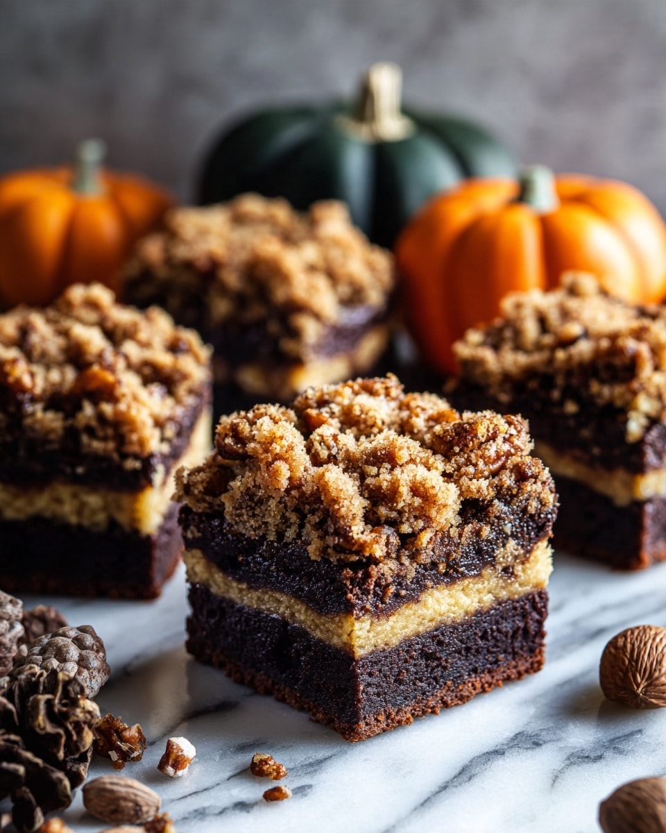 The image shows three pieces of rich chocolate brownies with a crumbly, golden brown pecan topping scattered unevenly on the top layer, giving a rough texture. The brownies are placed directly on a dark, matte surface with small autumn decorations like small orange and green pumpkins, pine cones, and cracked walnut shells around them. The brownies have a dense, fudgy dark brown base with a nutty, crumbly light tan streusel on top. The cozy setup gives a fall season feel. Photo taken with an iphone --ar 4:5 --v 7