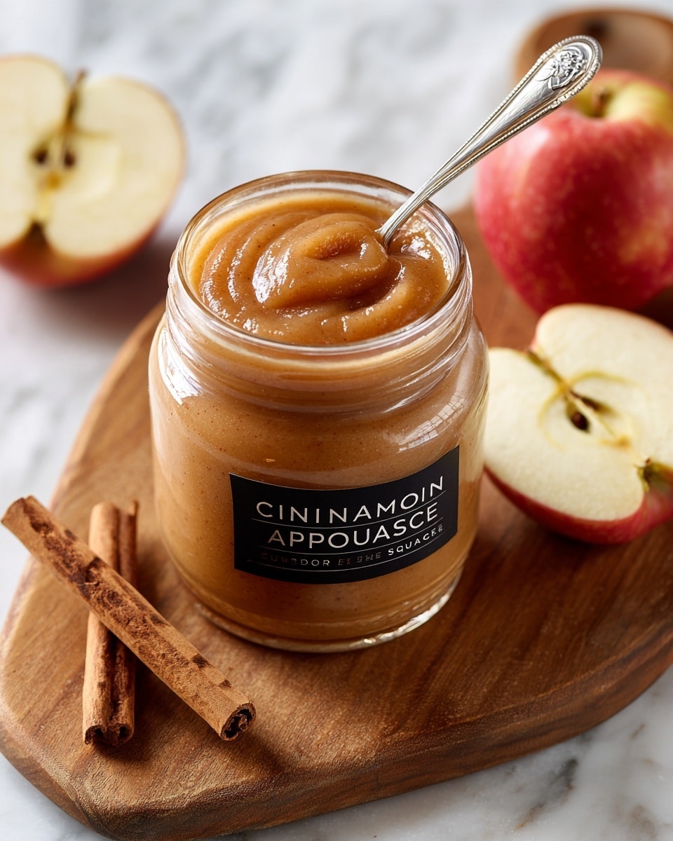A clear glass jar filled with thick, smooth cinnamon applesauce in a warm brown color is placed on a wooden cutting board. The jar has labels with black background and white letters reading