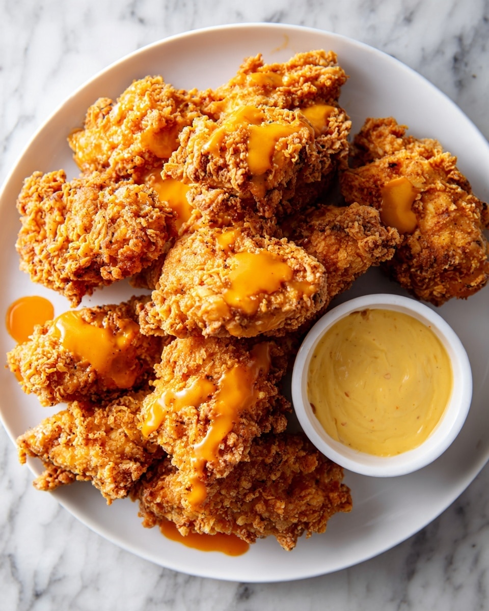 A white plate filled with a tall pile of crispy fried chicken pieces, each piece golden brown with a rough, crunchy texture, covered with a bright orange glossy sauce drizzled unevenly on top. On the right side of the plate, a small white bowl holds a smooth, pale yellow dipping sauce with a creamy texture. The scene sits against a white marbled surface, adding a clean and fresh feel to the presentation. Photo taken with an iphone --ar 4:5 --v 7