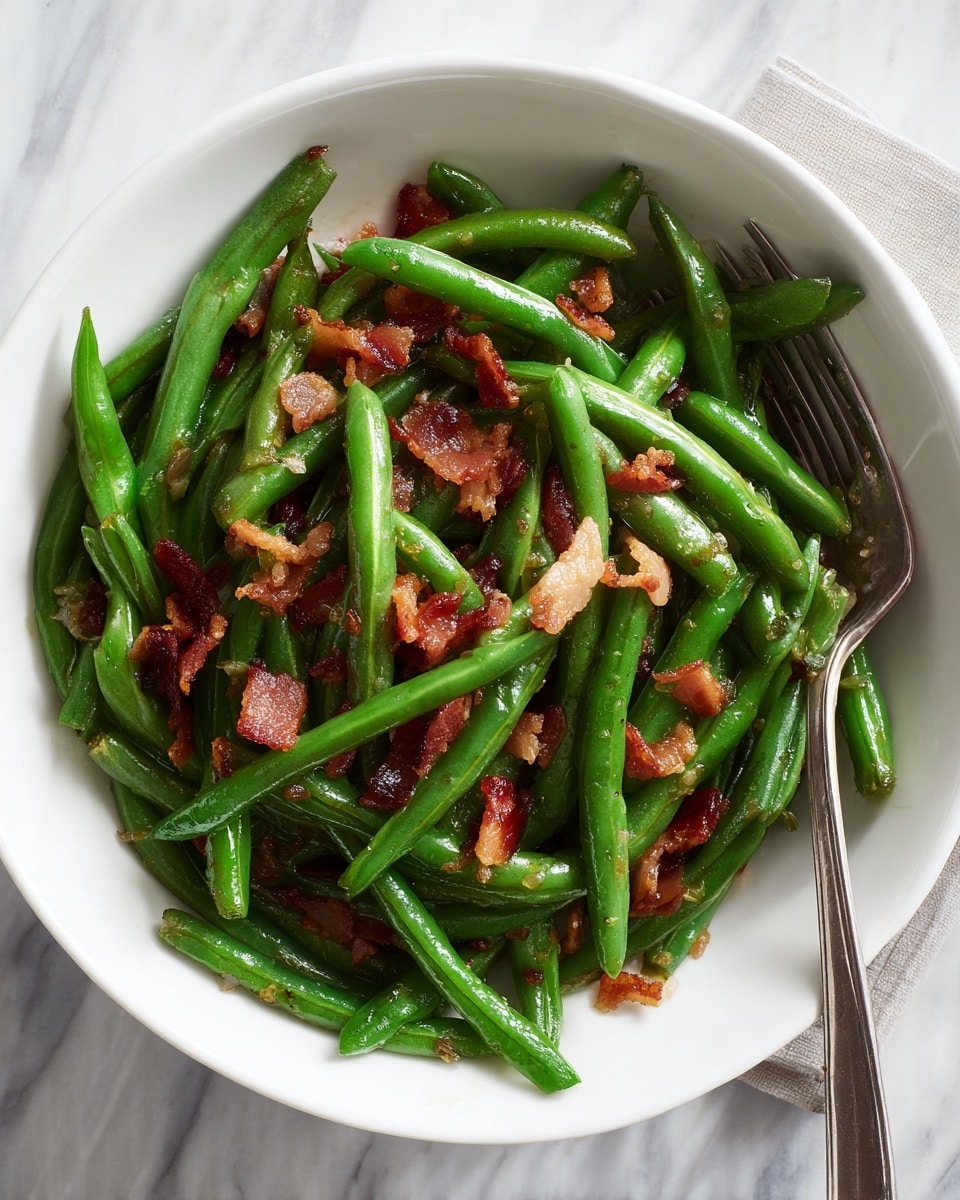 A white bowl filled with green beans cooked with small pieces of bacon on top, showing a mix of green and reddish-brown colors from the beans and bacon. The green beans are whole and arranged loosely, with visible shiny oil coating giving a slight gloss. The bowl sits on a white marbled surface with part of a fork visible nearby. Photo taken with an iphone --ar 4:5 --v 7