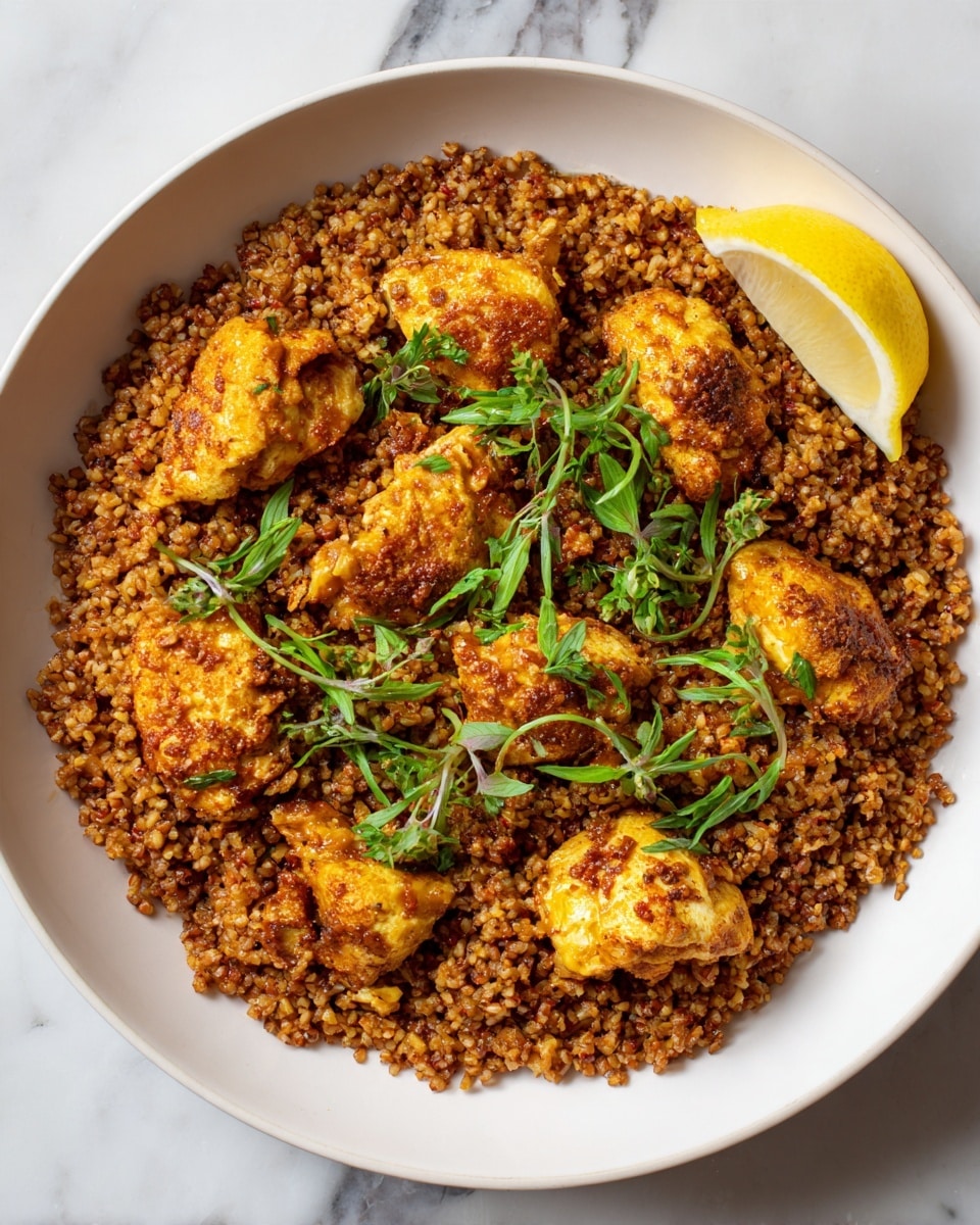 A large round white plate filled with a dense layer of brown, cooked bulgur wheat mixed with spices, giving it a slightly reddish tint and a grainy texture. Scattered on top are several golden-yellow pieces of spiced chicken or meat that look tender and soft, with a slightly crispy outer layer. Bright green fresh herb leaves are sprinkled evenly over the dish, adding color contrast. In the top right corner of the plate, there is a single lemon wedge, showing its juicy pale yellow inside. The plate sits on a white marbled surface, highlighting the warm colors of the food. photo taken with an iphone --ar 4:5 --v 7