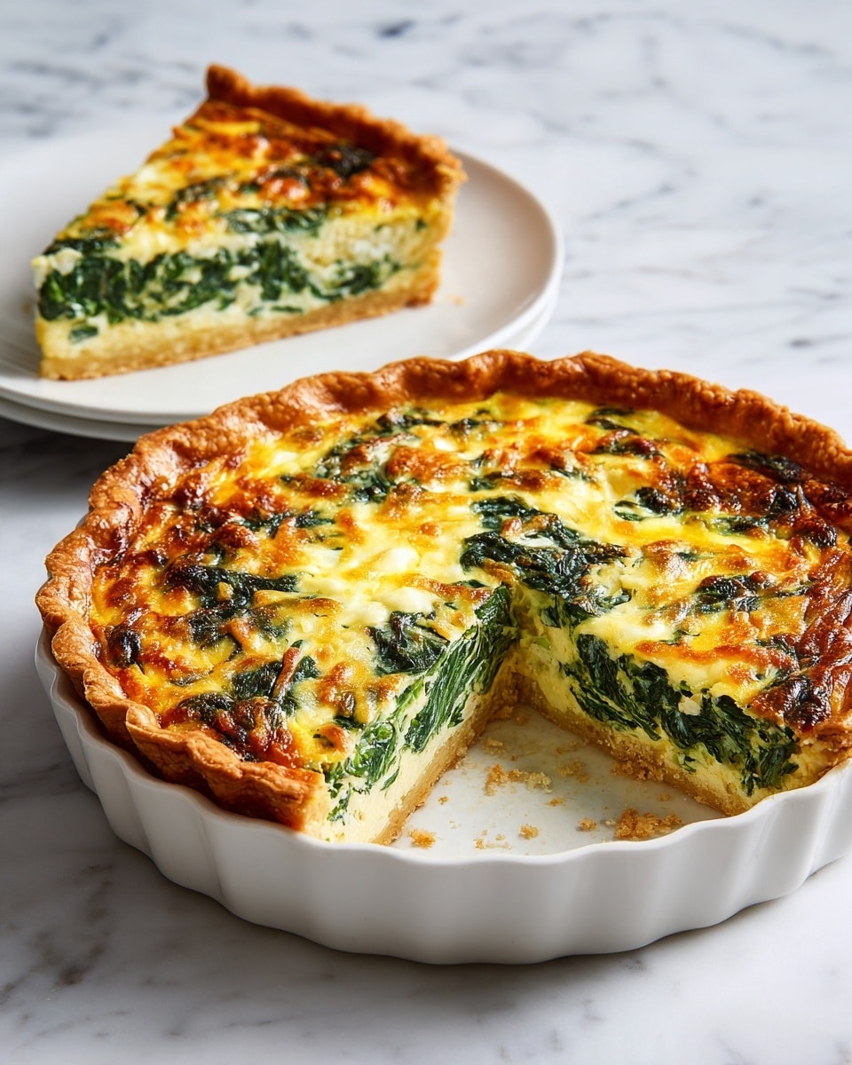 A baked quiche with a thick golden-brown crust in a white fluted ceramic dish, filled with a creamy, pale yellow egg custard mixed with chopped dark green spinach spread evenly throughout. One triangular slice is cut out and placed on a plain white plate in front, showing the layers clearly: the crispy crust at the bottom, a thick, light yellow egg mixture filled with green spinach flecks, and a slightly browned, bubbly top layer with hints of melted cheese. The setting is on a white marbled surface. Photo taken with an iphone --ar 4:5 --v 7