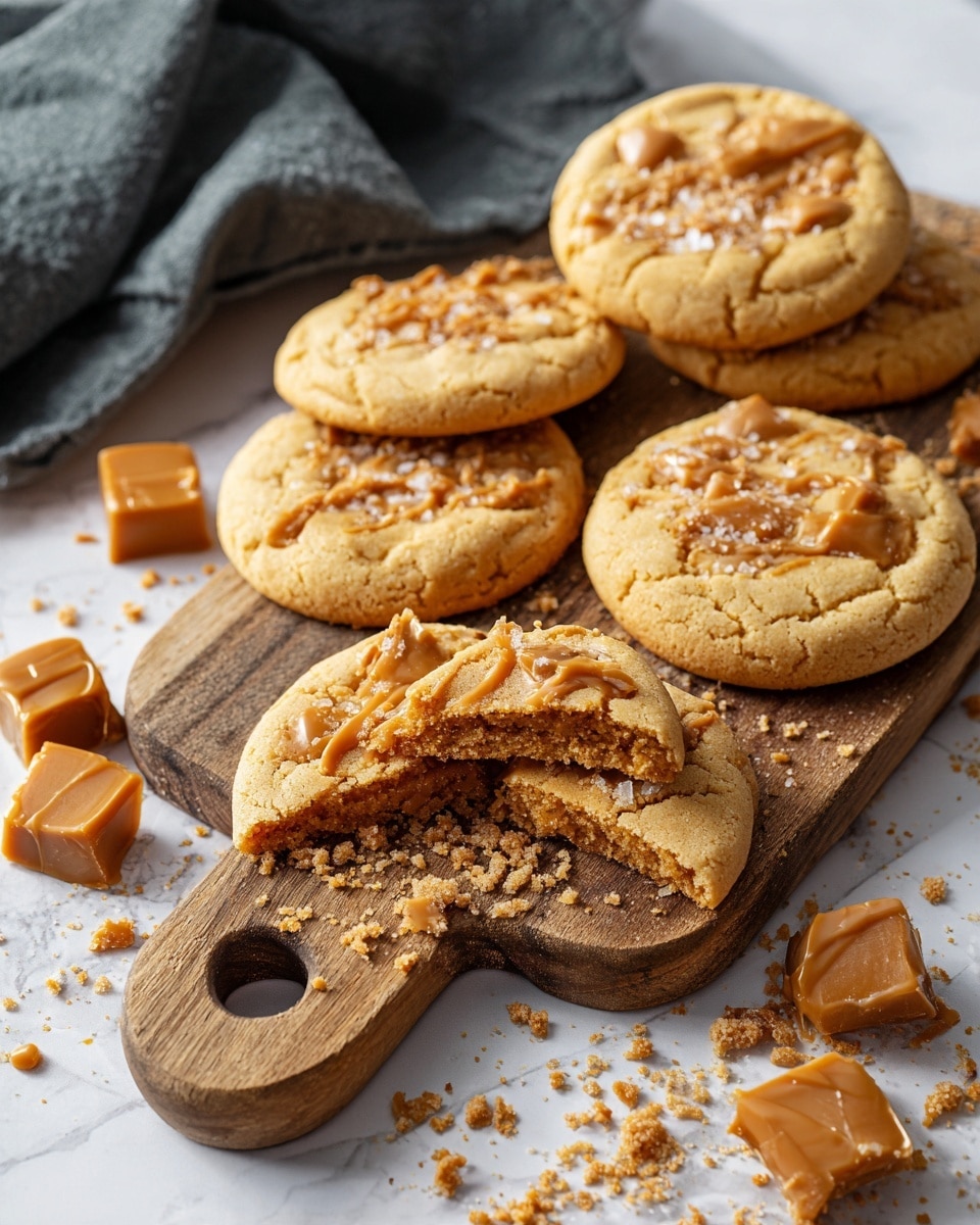 The image shows several round golden-brown cookies with a slightly cracked surface, topped with light caramel-colored chips scattered evenly on top. One cookie is broken into three pieces, revealing a soft, moist inside with a similar golden texture. The cookies are placed on a small wooden cutting board with a handle that has a circular cutout, resting on a white marbled surface. Additional caramel chips and cookie crumbs are casually spread around the board. A dark gray cloth is partially visible at the upper left corner. Photo taken with an iphone --ar 4:5 --v 7