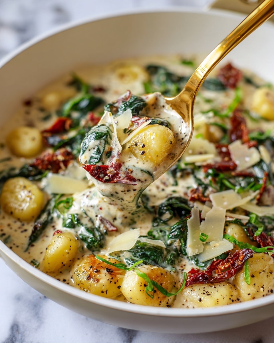 The image shows a close-up of a creamy dish with about three layers visible: soft gnocchi coated in a thick, light beige sauce with black pepper specks, wilted green spinach leaves mixed evenly throughout, and thin slices of off-white cheese on the right side. There are bits of red sun-dried tomatoes scattered in the sauce adding a splash of color. A golden spoon scoops a portion, lifting some gnocchi, spinach, and sauce. The background is a white marbled surface. photo taken with an iphone --ar 4:5 --v 7