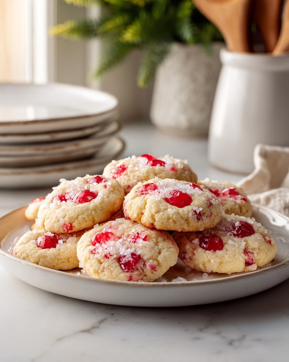 A white plate filled with about fifteen round cookies arranged closely together, each cookie having a light golden-brown color with a rough texture. The cookies have small red pieces scattered throughout, adding a pop of color. The edges of the cookies are slightly darker and crisp-looking. The plate sits on a white marbled surface with a blurred background that includes a window, green plant, and kitchen items. photo taken with an iphone --ar 4:5 --v 7