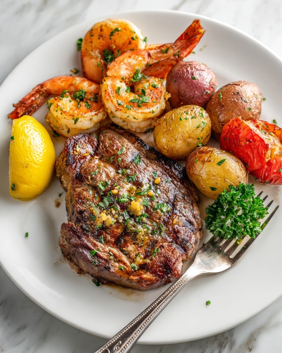 A white plate holds a grilled steak with a browned, slightly charred texture and small green herb bits sprinkled on top. On the left side, two cooked shrimp with orange and pink shells, also sprinkled with herbs, rest beside a small yellow lemon wedge. To the right of the steak are several small roasted red potatoes with golden edges and a piece of grilled tomato, all garnished with fresh green parsley. A fork lies in front on the plate, partially visible. The dish is set on a white marbled surface. Photo taken with an iphone --ar 4:5 --v 7