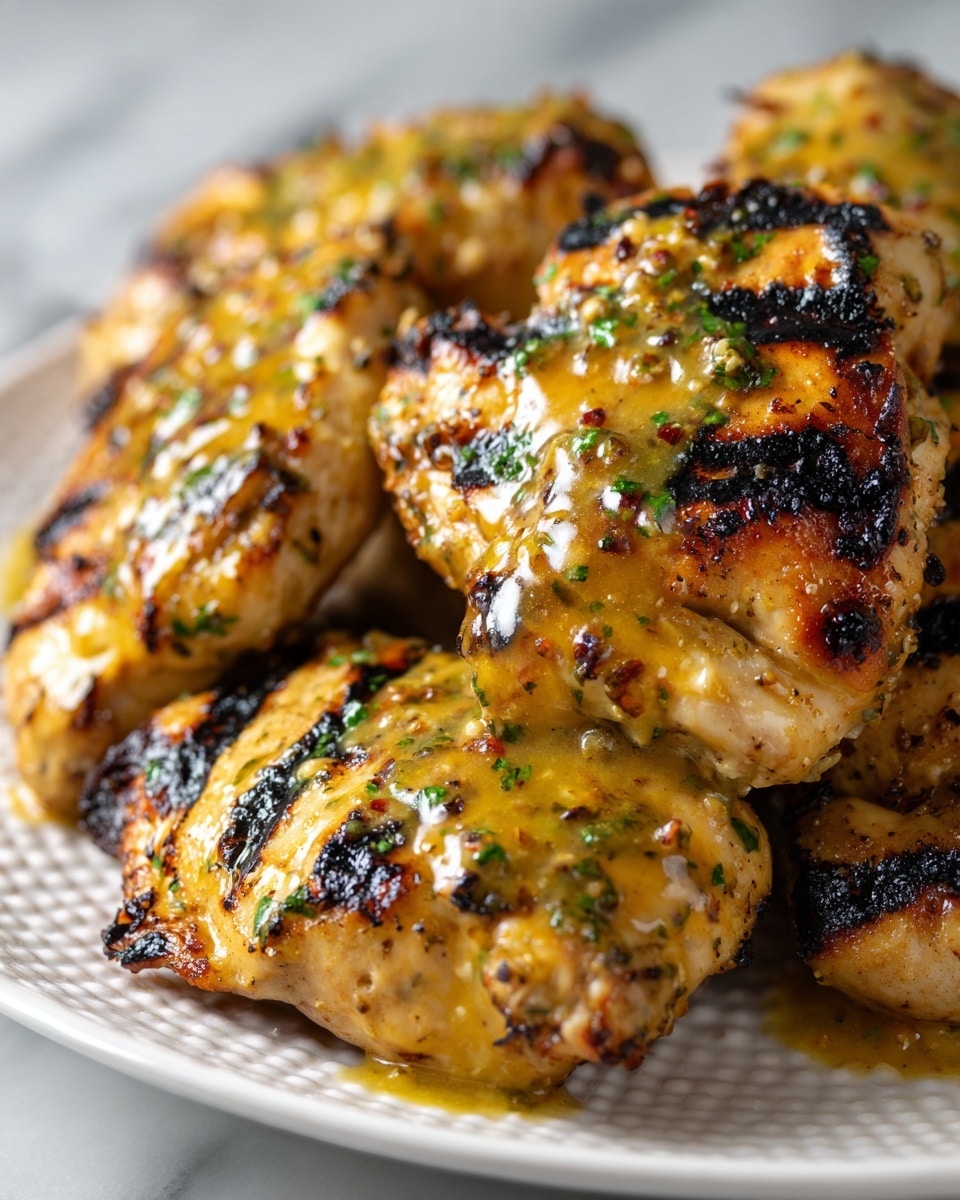 A close-up view of several grilled chicken pieces stacked on a white textured plate, each piece showing a golden brown color with charred black grill marks. The chicken is covered in a shiny, creamy yellow sauce with specks of herbs and small bits of darker ingredients, giving it a rich and glossy appearance. The surface beneath the plate is a white marbled texture. photo taken with an iphone --ar 4:5 --v 7