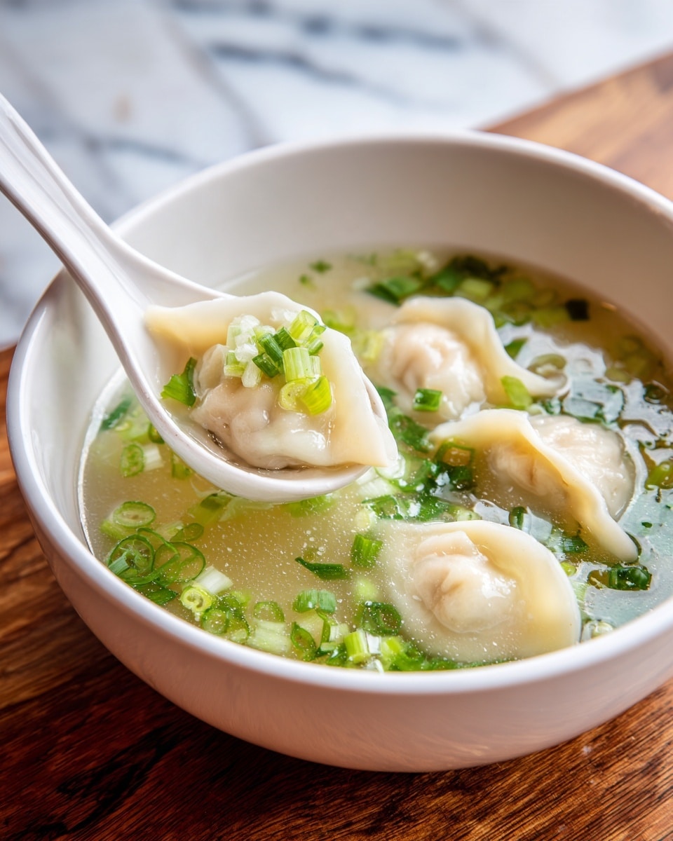 A white bowl filled with clear yellow broth contains soft, folded dumplings that are light beige in color with smooth, slightly wrinkled texture. Bright green chopped scallions and pieces of celery float on top of the dumplings and in the broth. A white ceramic spoon is lifting one dumpling, showing its tender and shiny surface. The bowl is placed on a rustic wooden table with a white marbled texture background. Photo taken with an iphone --ar 4:5 --v 7