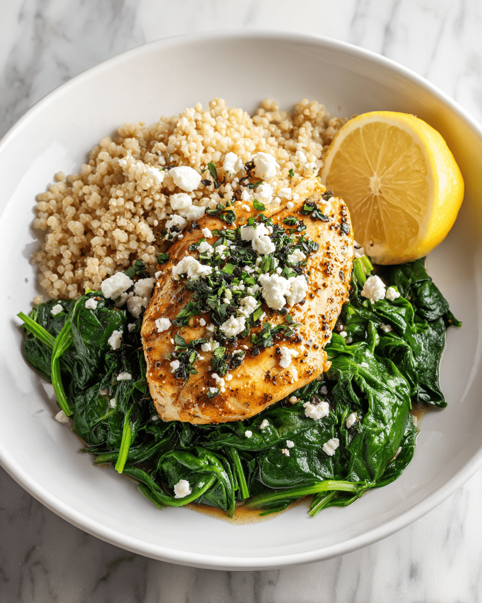A white plate holds a meal with three main parts: at the bottom, there is a layer of bright green cooked spinach leaves that look soft and fresh; on top of the spinach lies a golden-brown cooked chicken breast, topped with chopped dark green herbs and crumbled white cheese that adds a crumbly texture; to the side of the chicken, there is a serving of beige cooked grains with a slightly rough texture; a yellow lemon wedge rests on the edge of the plate; the background is a white marbled surface. Photo taken with an iphone --ar 4:5 --v 7