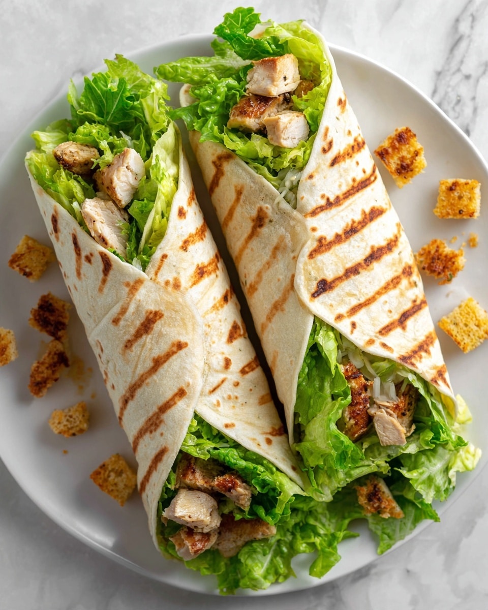 Two wraps are placed side by side on a plain white plate with grill marks visible on the light beige tortillas. Inside, layers include bright green leafy lettuce, tender grilled chicken pieces with a slightly golden-brown color, small crunchy light brown croutons, and bits of finely chopped white onion. Next to the wraps, there is a pile of more golden-brown croutons. The plate rests on a white marbled surface with blurred bowls in the background. photo taken with an iphone --ar 4:5 --v 7