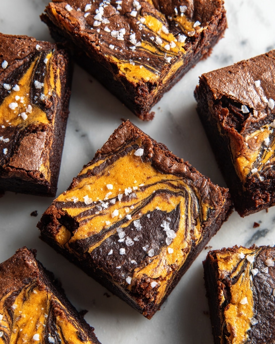 The image shows several square pieces of brownies with a visible swirl of orange and dark brown colors on top, creating a marbled pattern. The top layer is cracked and slightly shiny with a mix of smooth and rough textures. The brownies are sprinkled with coarse white salt flakes. The pieces are arranged close together on a white marbled surface. Photo taken with an iphone --ar 4:5 --v 7