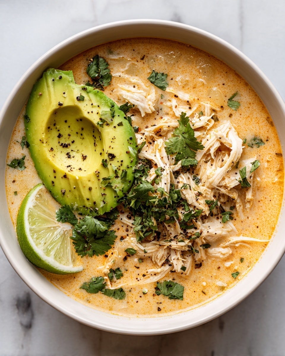 A white bowl filled with a creamy chickpea soup that has a light orange color, topped with half a sliced avocado showing its smooth green texture, shredded chicken placed next to it with a tender and moist look, a few fresh cilantro leaves adding a bright green touch, a thin lime slice resting on the side adding a small pop of green and yellow, and a sprinkle of black pepper and herbs scattered on top, all set on a white marbled surface. photo taken with an iphone --ar 4:5 --v 7
