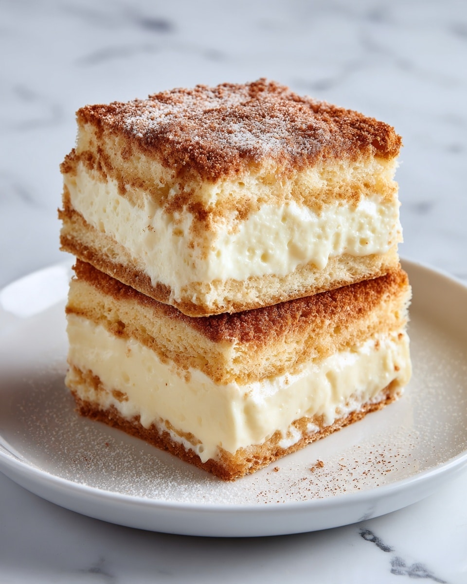 The image shows two stacked square pieces of a dessert with a soft, light golden brown crust that looks slightly crispy on the edges. The top layer has a dusting of fine powder, likely cinnamon or sugar, creating a light brown textured surface. Inside, there is a thick, creamy white filling that appears smooth and soft, taking up most of the inner space between the thin crust layers. The dessert is served on a white plate set on a white marbled background. Photo taken with an iphone --ar 4:5 --v 7