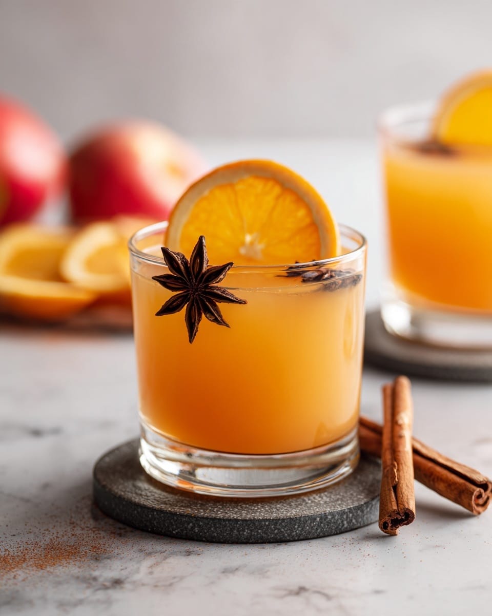 A clear glass filled with a warm orange-colored drink, showing a smooth texture. On top of the drink floats a thin, bright yellow-orange orange slice. Resting on the orange slice is a dark brown star anise with its pointed segments. The glass sits on a round cork coaster placed on a white marble surface. Next to the glass are two cinnamon sticks, light brown with a slightly rough texture. Some orange slices and a red apple are blurred in the background. Photo taken with an iphone --ar 4:5 --v 7