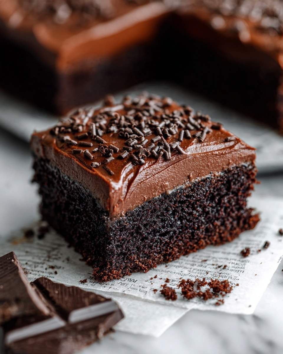 A close-up of a thick slice of chocolate cake with one layer of dense, dark brown cake topped by a thick layer of smooth, rich chocolate frosting sprinkled with small chocolate shavings on top, sitting on a piece of printed paper with some chocolate crumbs nearby, with pieces of dark chocolate bars partially visible in the foreground, all set on a white marbled texture. photo taken with an iphone --ar 4:5 --v 7