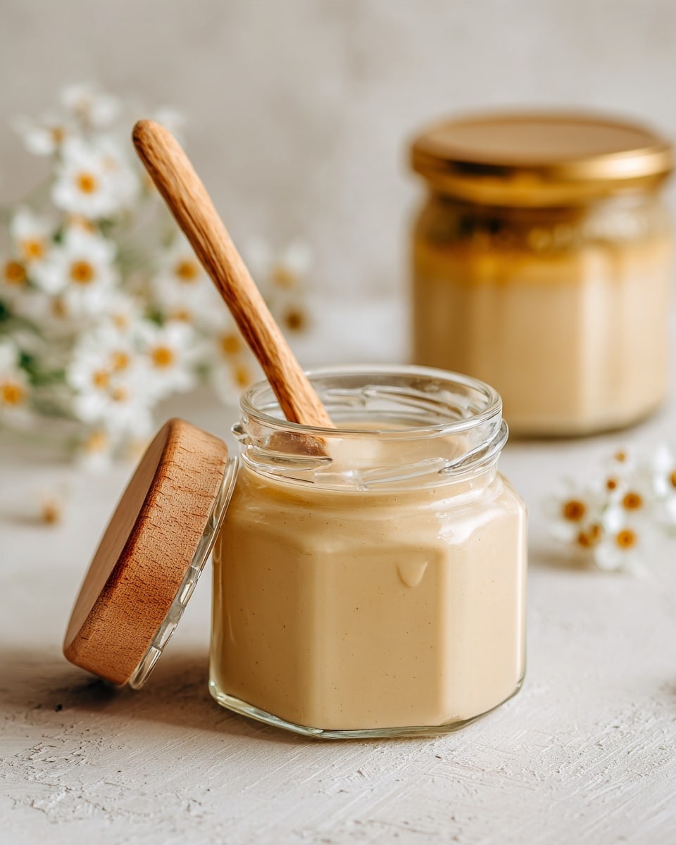 A clear glass jar filled about three-quarters with a creamy, light beige liquid with a smooth texture, resting on a white marbled surface. Inside the jar is a wooden honey dipper partially submerged in the liquid, covered slightly by a round wooden lid with a smooth finish that is propped on the jar’s rim at an angle. In the soft-focus background, there are two glass jars with golden lids, one filled with honey and the other with a pale cream substance, as well as white flowers giving a fresh, natural touch. photo taken with an iphone --ar 4:5 --v 7