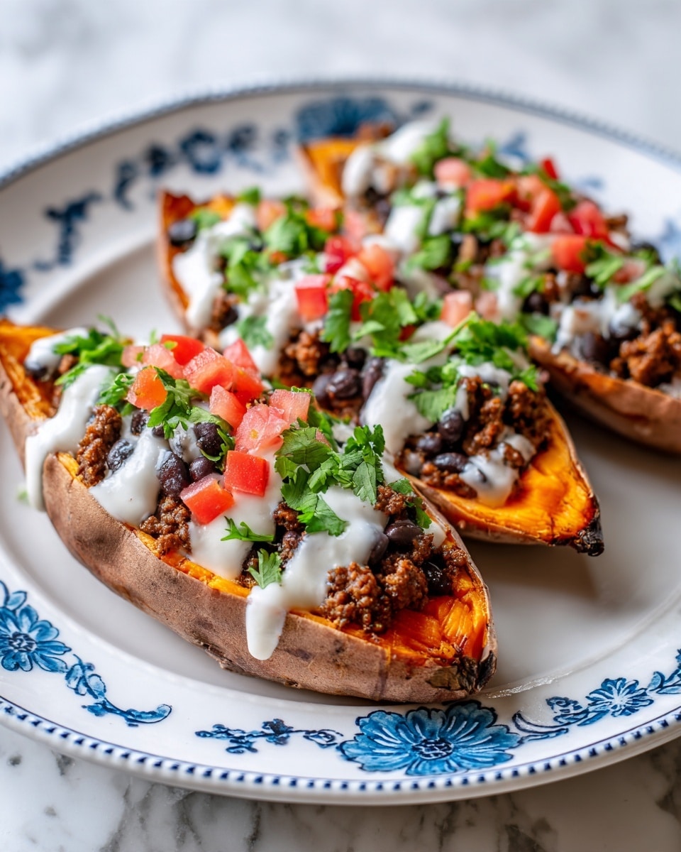 Three stuffed sweet potato halves rest on a white plate with a blue pattern, placed on a white marbled surface. Each sweet potato is split open, showing a bright orange base layer of soft roasted flesh. On top, there is a generous layer of dark brown cooked ground meat mixed with black beans. This is topped with dollops of white sour cream, bright green chopped cilantro, and small diced pieces of red tomatoes scattered evenly. A woman's hand is reaching towards the sweet potato in the back. The overall look is colorful and fresh with a mix of textures from soft to creamy and chunky, photo taken with an iphone --ar 4:5 --v 7